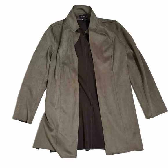 Premise Faux Leather Jacket Sz S Gray Green Open Front Minimalist Long Lines EUC - Picture 10 of 13